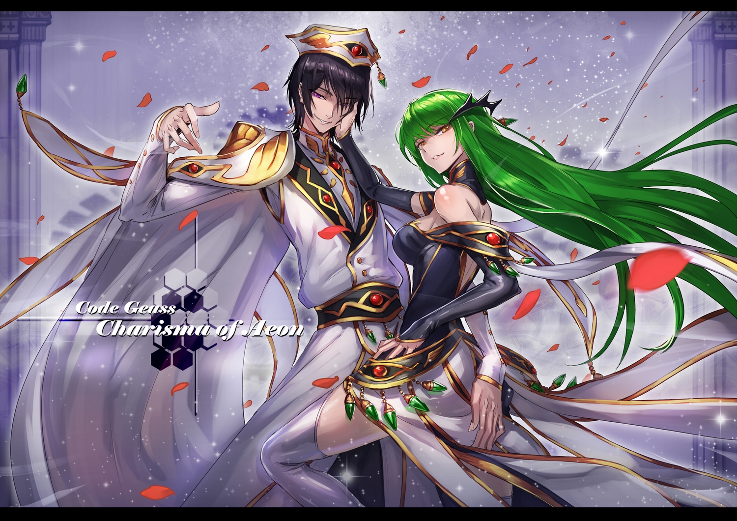 black_hair, cape, cc, code_geass, green_hair, hat, lelouch_lamperouge, male