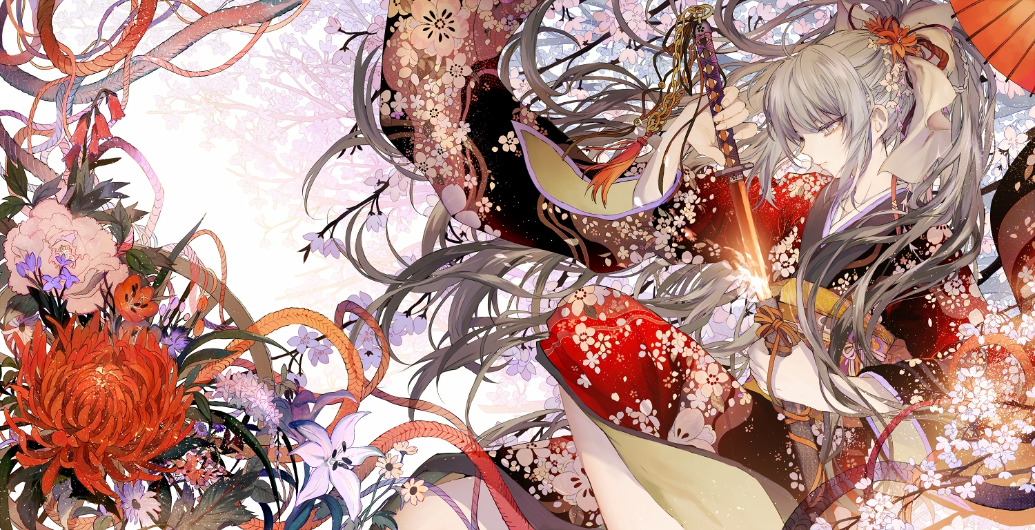 flowers, gray_eyes, gray_hair, japanese_clothes, katana, kimono, long_hair, original, ponytail, sword, tsukioka_tsukiho, weapon