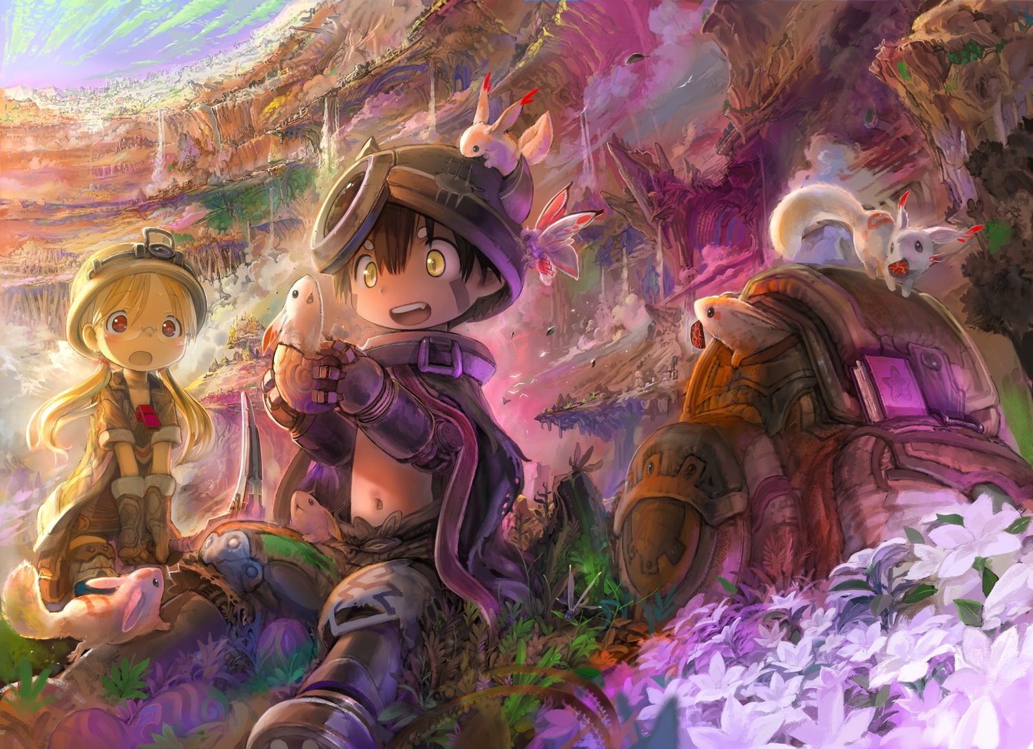 animal, blonde_hair, butterfly, flowers, hat, jpeg_artifacts, made_in_abyss, male, red_eyes, tsukushi_akihito, twintails, water, waterfall, yellow_eyes