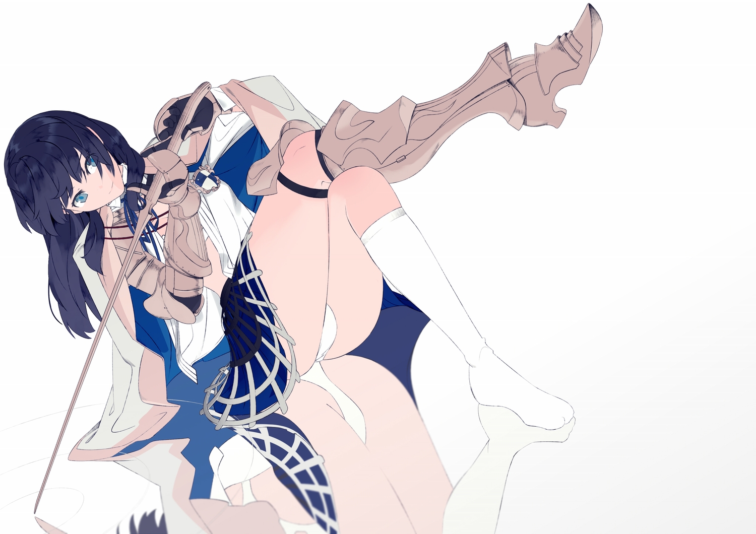armor, blue_eyes, blue_hair, bthx, cape, kneehighs, long_hair, original, panties, skirt, socks, sword, underwear, weapon, white