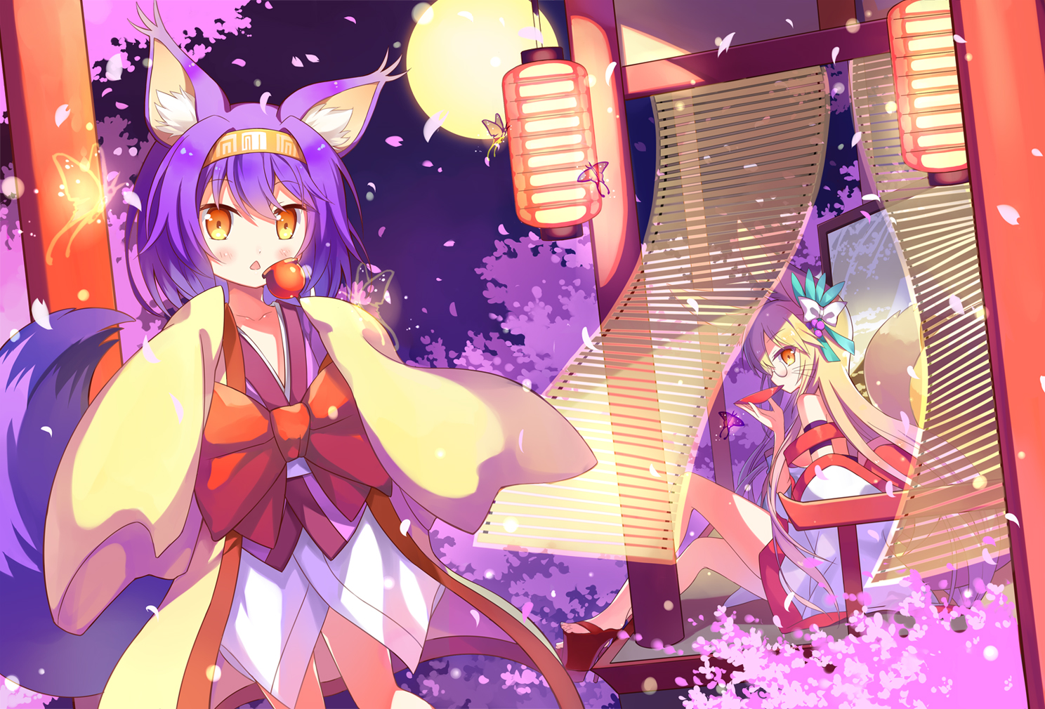 2girls, animal_ears, apple, butterfly, candy, food, foxgirl, fruit