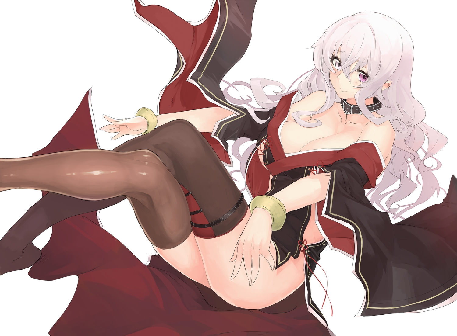 angelo_(gomahangetsu), bicolored_eyes, breasts, cleavage, collar, sengoku_bushouki_muramasa, thighhighs, white_hair