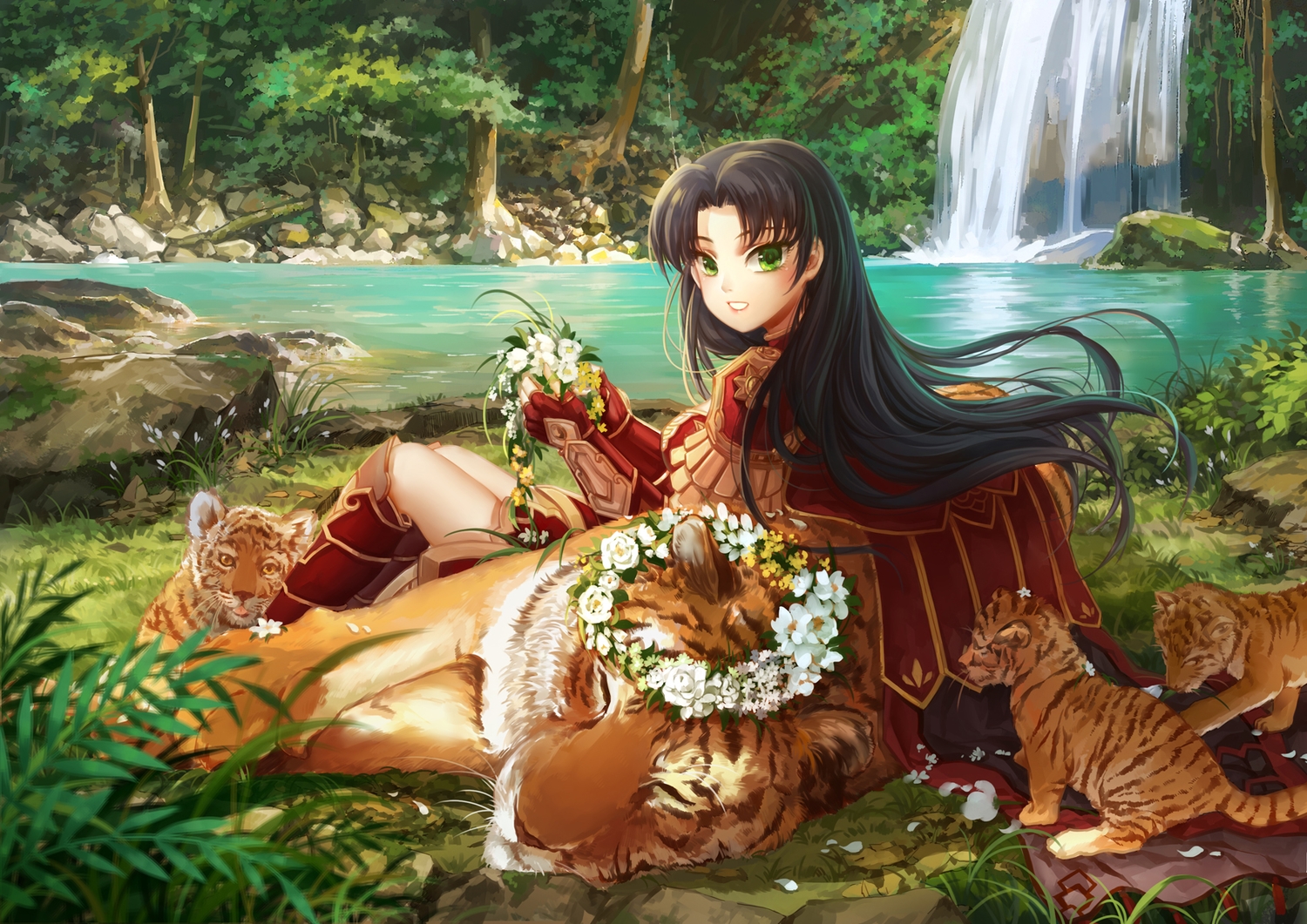 animal, black_hair, flowers, grass, green_eyes, huazha01, long_hair, original
