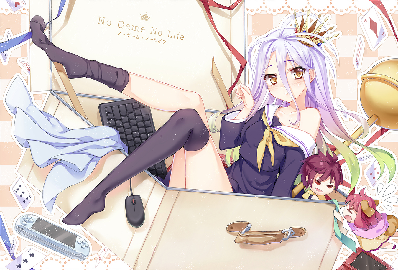 blush, crown, game_console, loli, no_game_no_life, philomelalilium, school_uniform, shiro_(no_game_no_life), sora_(no_game_no_life), stephanie_dola, thighhighs, white_hair, yellow_eyes