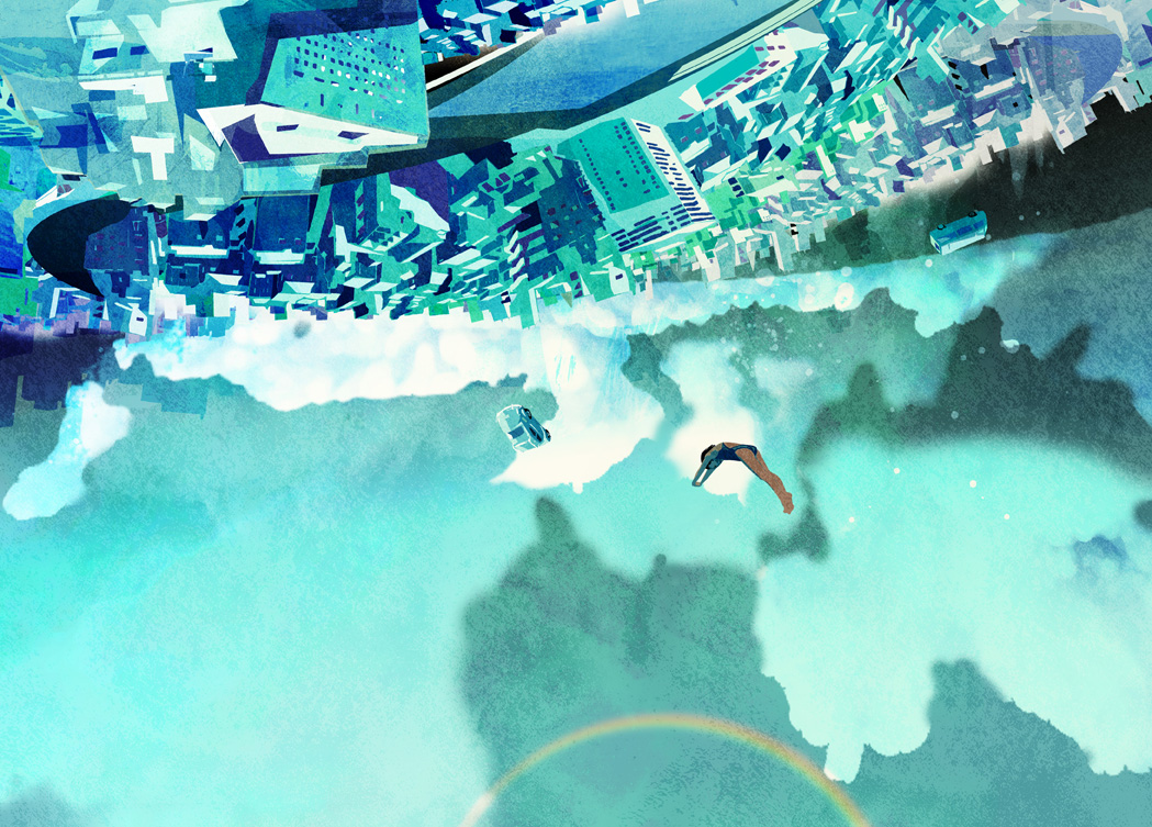 car, city, clouds, kudamono790, original, rainbow, sky, swimsuit