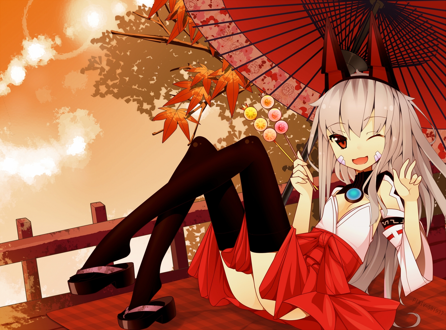 fantasy_frontier, food, japanese_clothes, leaves, miko, ootsuki_momiji, thighhighs, umbrella, wink