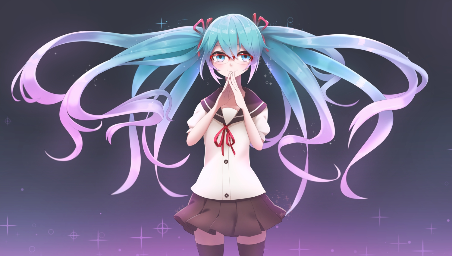 glasses, hatsune_miku, mugcan, school_uniform, twintails, vocaloid