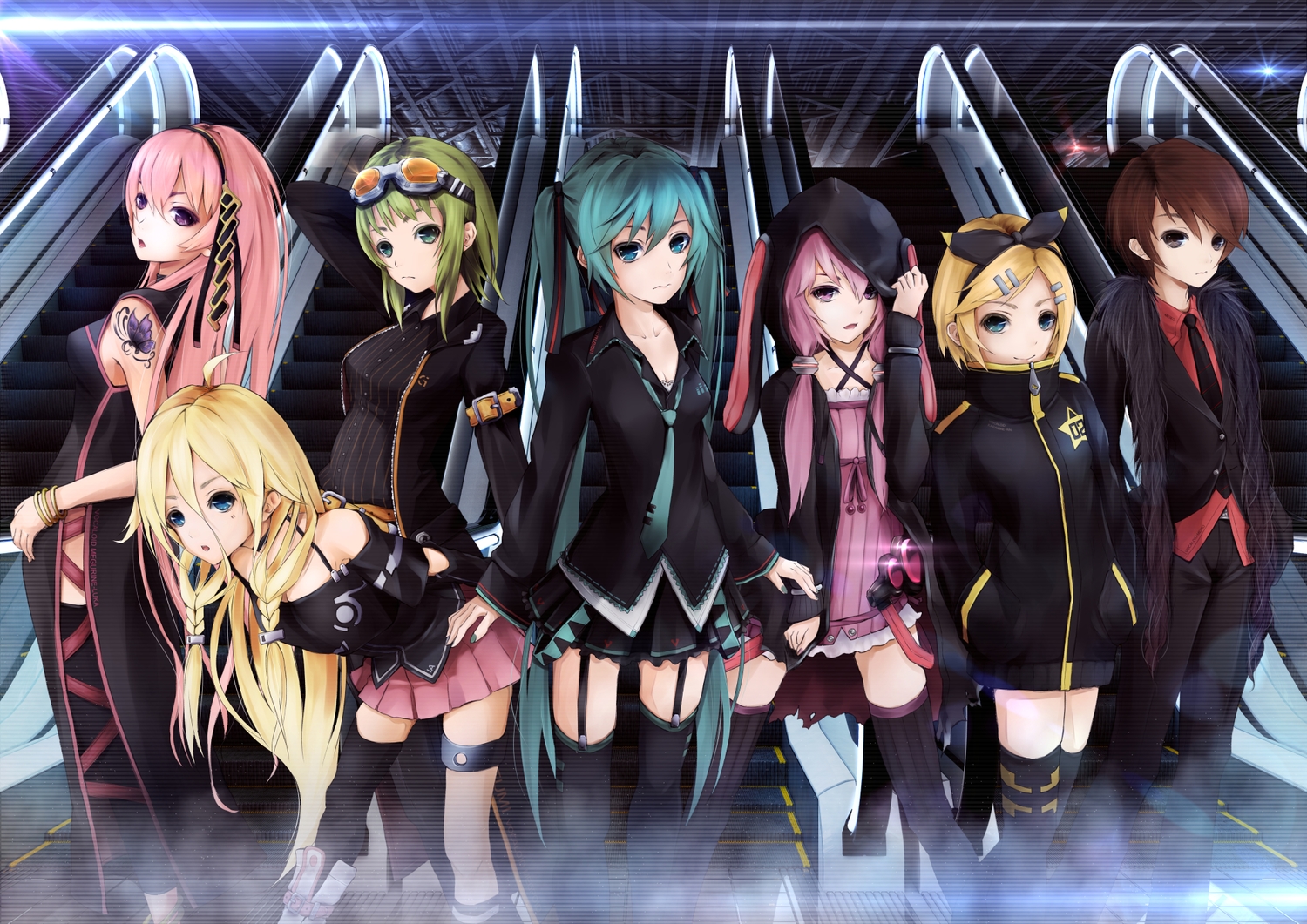 ajigo, aqua_hair, blonde_hair, blue_eyes, braids, brown_eyes, brown_hair, dress, goggles, green_eyes, green_hair, group, gumi, hatsune_miku, hood, ia, kagamine_rin, long_hair, megurine_luka, meiko, pink_hair, purple_eyes, purple_hair, short_hair, skirt, stockings, tie, twintails, vocaloid, voiceroid, yuzuki_yukari, zettai_ryouiki