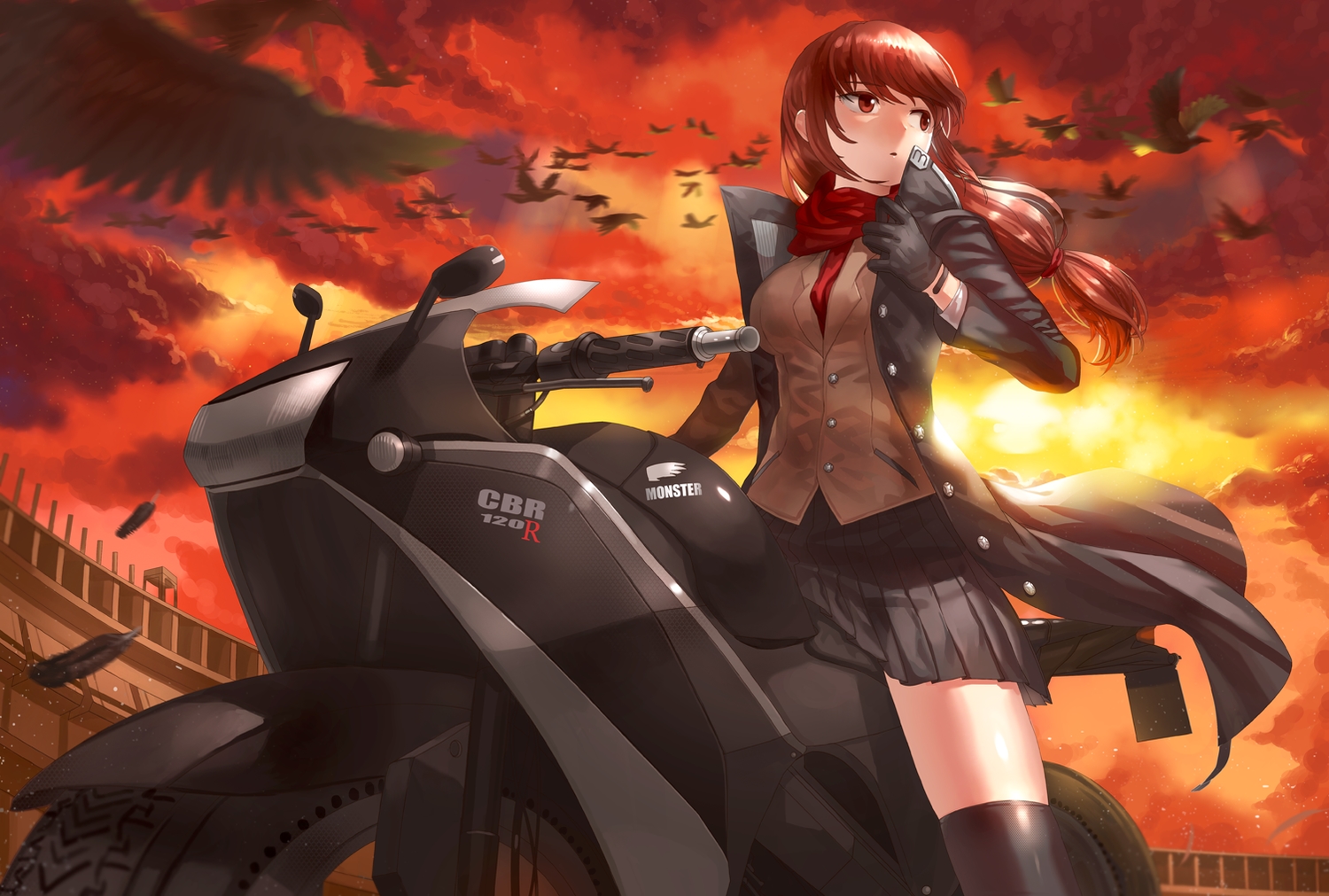 animal, bird, brown_eyes, brown_hair, gloves, kfr, motorcycle, original