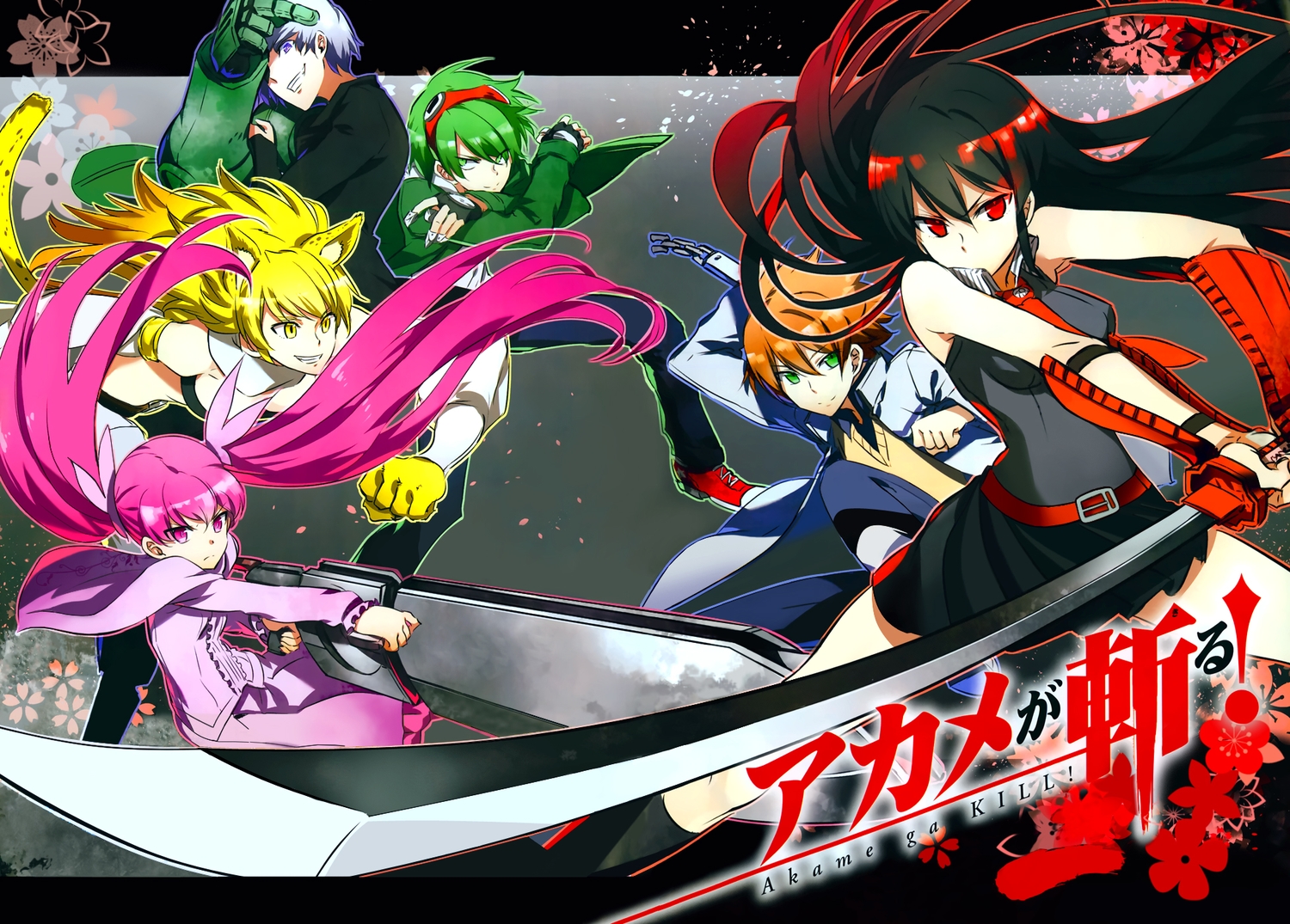 akame, akame_ga_kill!, animal_ears, blonde_hair, brown_hair, green_eyes, green_hair, katana, leone, mine_(akame_ga_kill!), najenda, pink_eyes, pink_hair, purple_eyes, rabac, sword, tashiro_tetsuya, tatsumi_(akame_ga_kill!), twintails, weapon, white_hair, yellow_eyes
