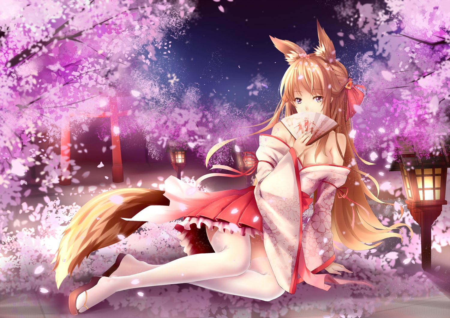 animal_ears, black_eyes, breasts, brown_hair, cherry_blossoms, cleavage, fan, flowers, foxgirl, japanese_clothes, long_hair, original, petals, skirt, tail, thighhighs, torii, yeluno_meng