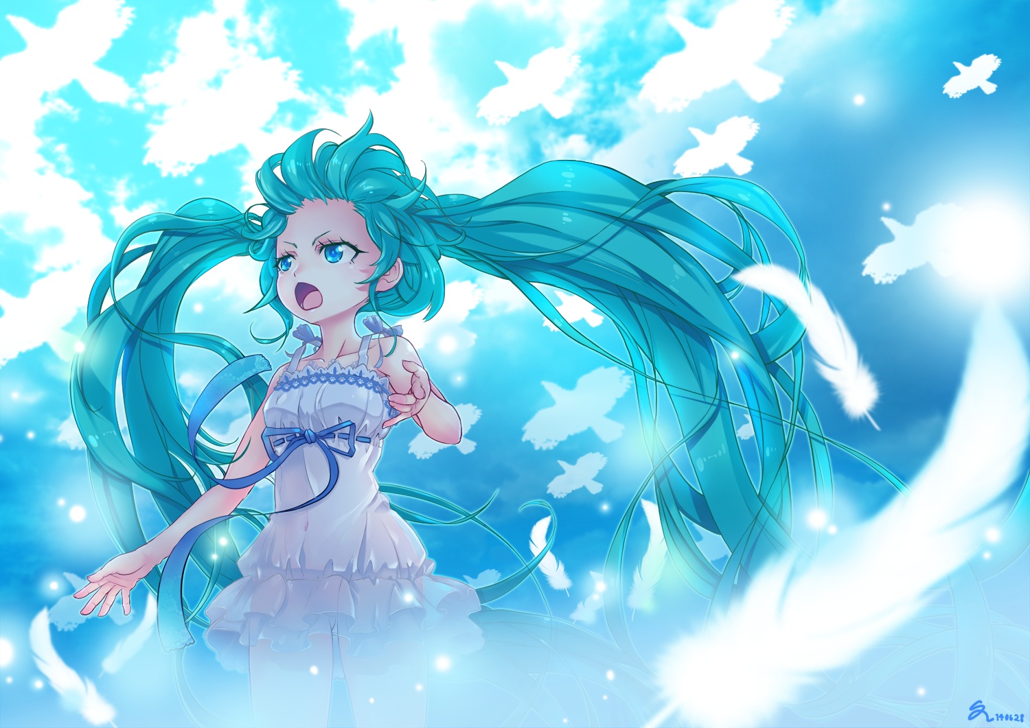aqua_hair, blue_eyes, dress, feathers, hatsune_miku, long_hair, ssalbaram, twintails, vocaloid