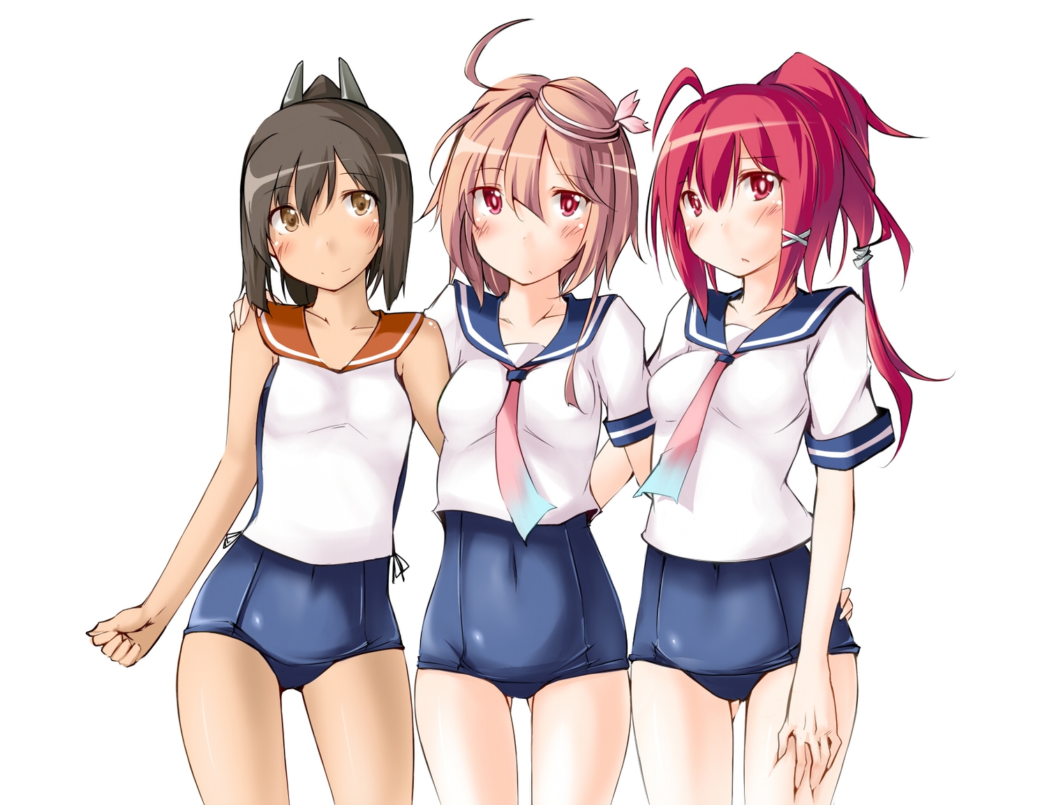 anthropomorphism, black_hair, blush, brown_eyes, brown_hair, i-168_(kancolle), i-401_(kancolle), i-58_(kancolle), kaminagi_(kaminagi-tei), kantai_collection, long_hair, ponytail, red_eyes, red_hair, school_swimsuit, short_hair, swimsuit, white