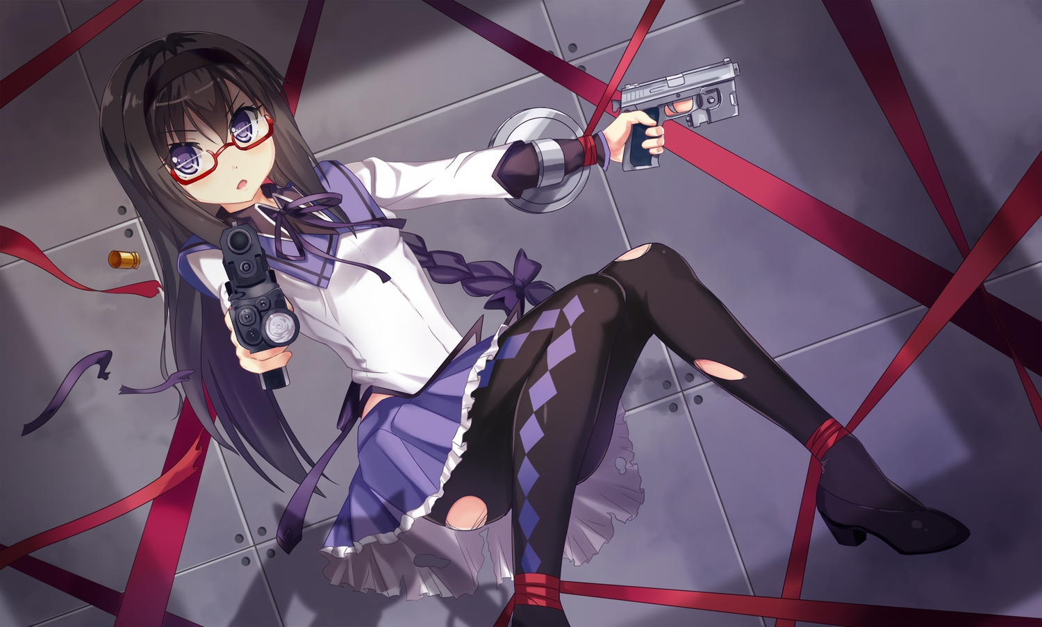 akemi_homura, black_hair, blue_eyes, dance_of_eternity, glasses, gun, headband, long_hair