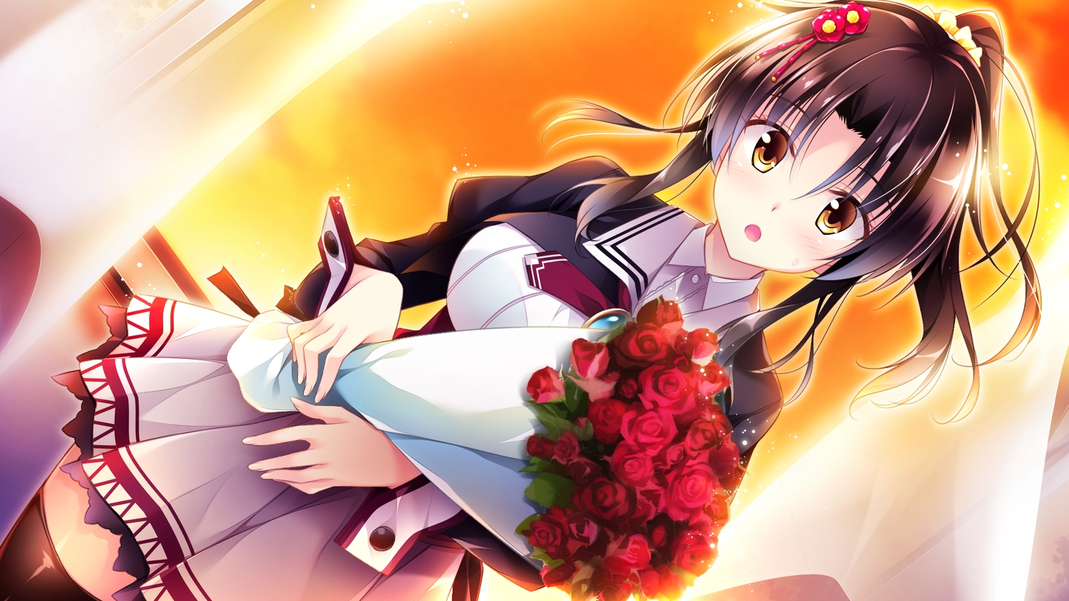 brown_hair, ensemble_(company), flowers, game_cg, golden_marriage, hayakawa_harui, rose, school_uniform, shimakage_ruri, yellow_eyes