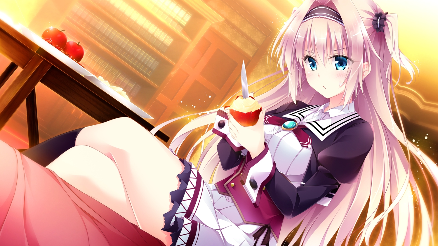 amaya_rei, blue_eyes, ensemble_(company), game_cg, golden_marriage, hayakawa_harui, headband, long_hair, pink_hair, school_uniform