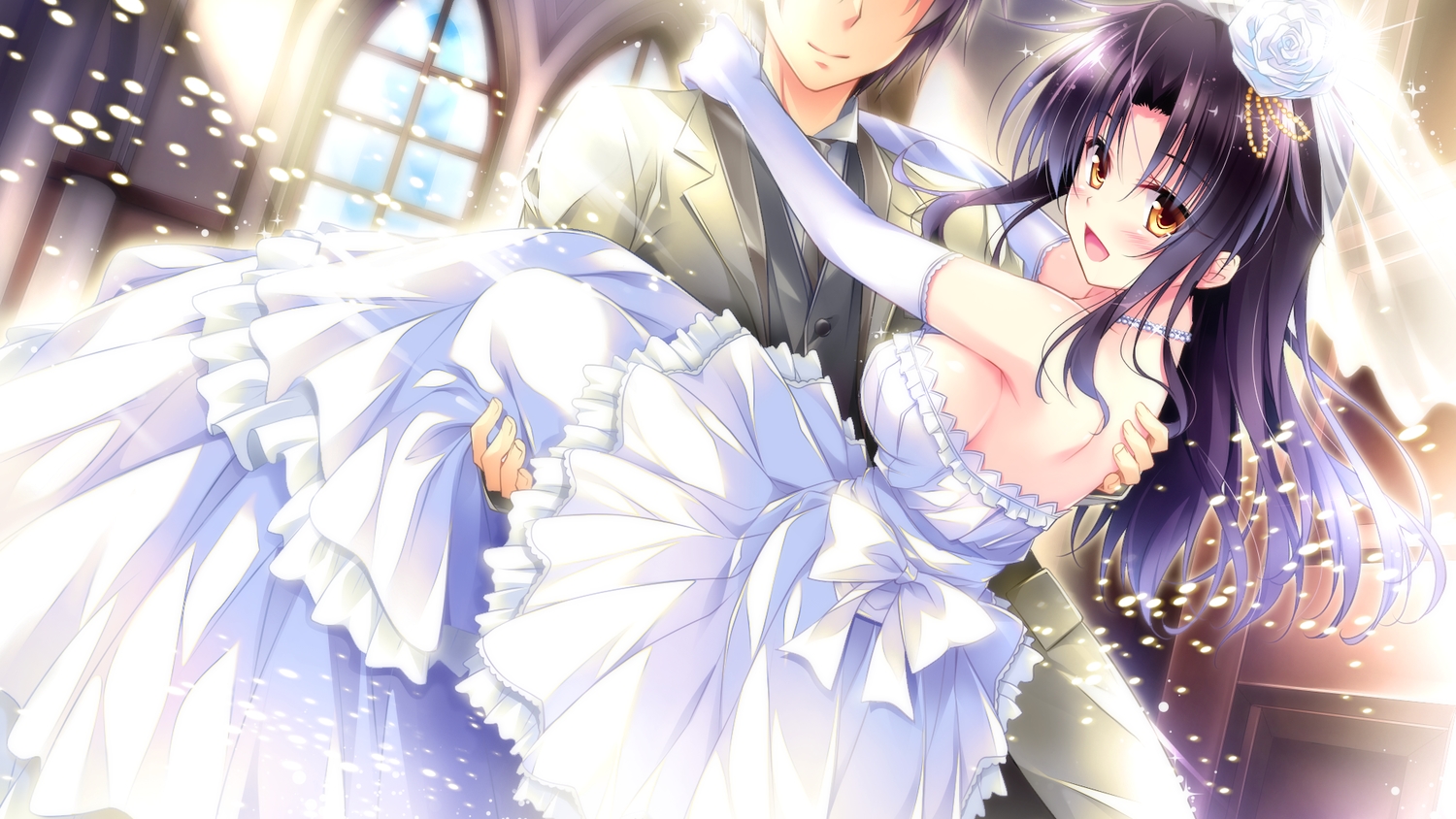 black_hair, elbow_gloves, ensemble_(company), game_cg, gloves, golden_marriage, hayakawa_harui, long_hair, male, shimakage_ruri, tachibana_nagisa, wedding, wedding_attire, yellow_eyes