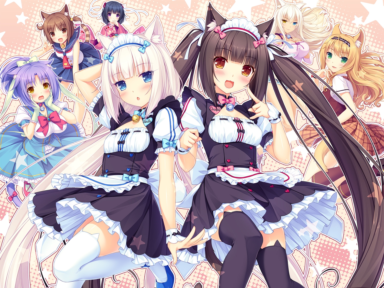 animal_ears, azuki_(sayori), black_hair, blue_eyes, blush, brown_eyes, catgirl, chocola_(sayori), cinnamon_(sayori), coconut_(sayori), jpeg_artifacts, loli, long_hair, maid, maple_(sayori), minazuki_shigure, nekopara, neko_works, orange_hair, pink_hair, sayori, tail, thighhighs, twintails, vanilla_(sayori), waitress, zettai_ryouiki
