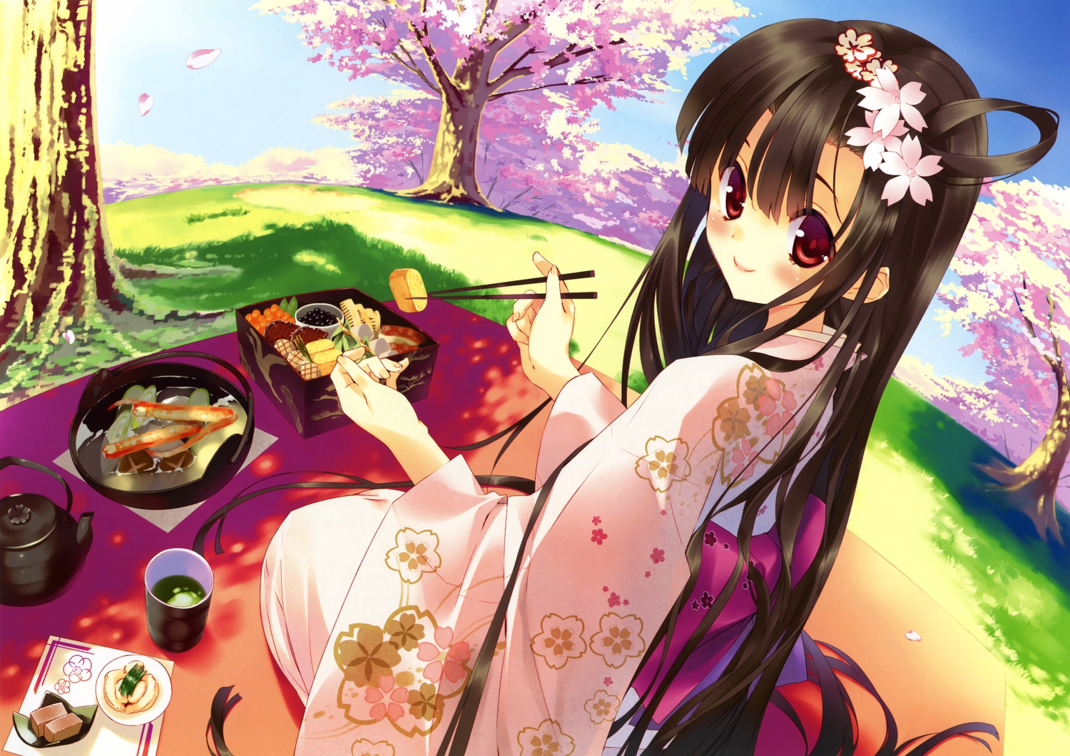 arikawa_satoru, black_hair, blush, food, grass, japanese_clothes, kimono, long_hair