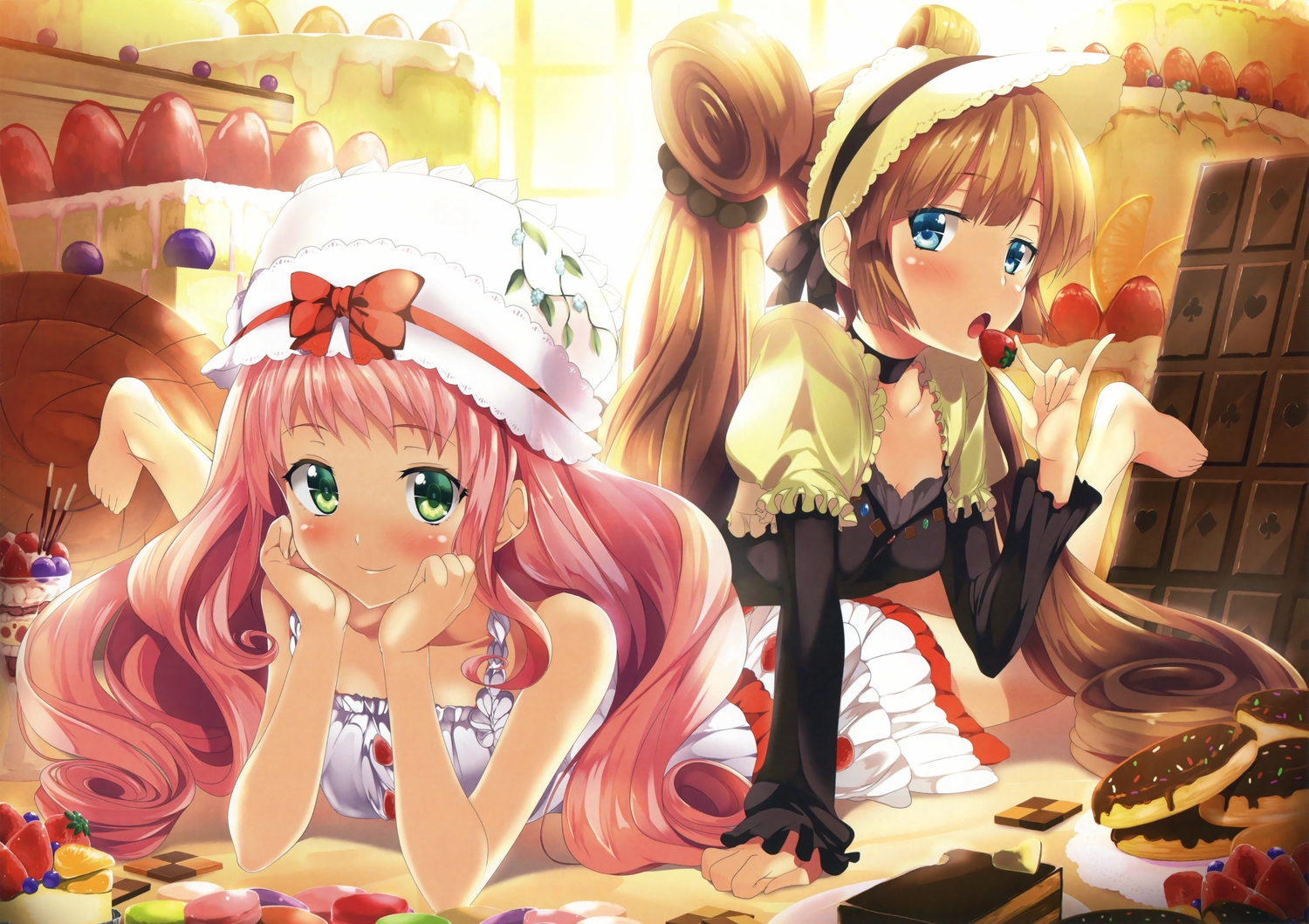 2girls, brown_hair, food, gintarou_(kurousagi108), pink_hair, scan, tagme