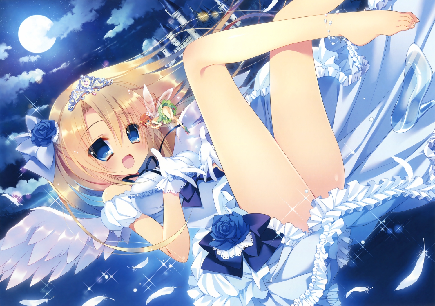 barefoot, blonde_hair, blue_eyes, fairy, feathers, moon, nanaca_mai, night