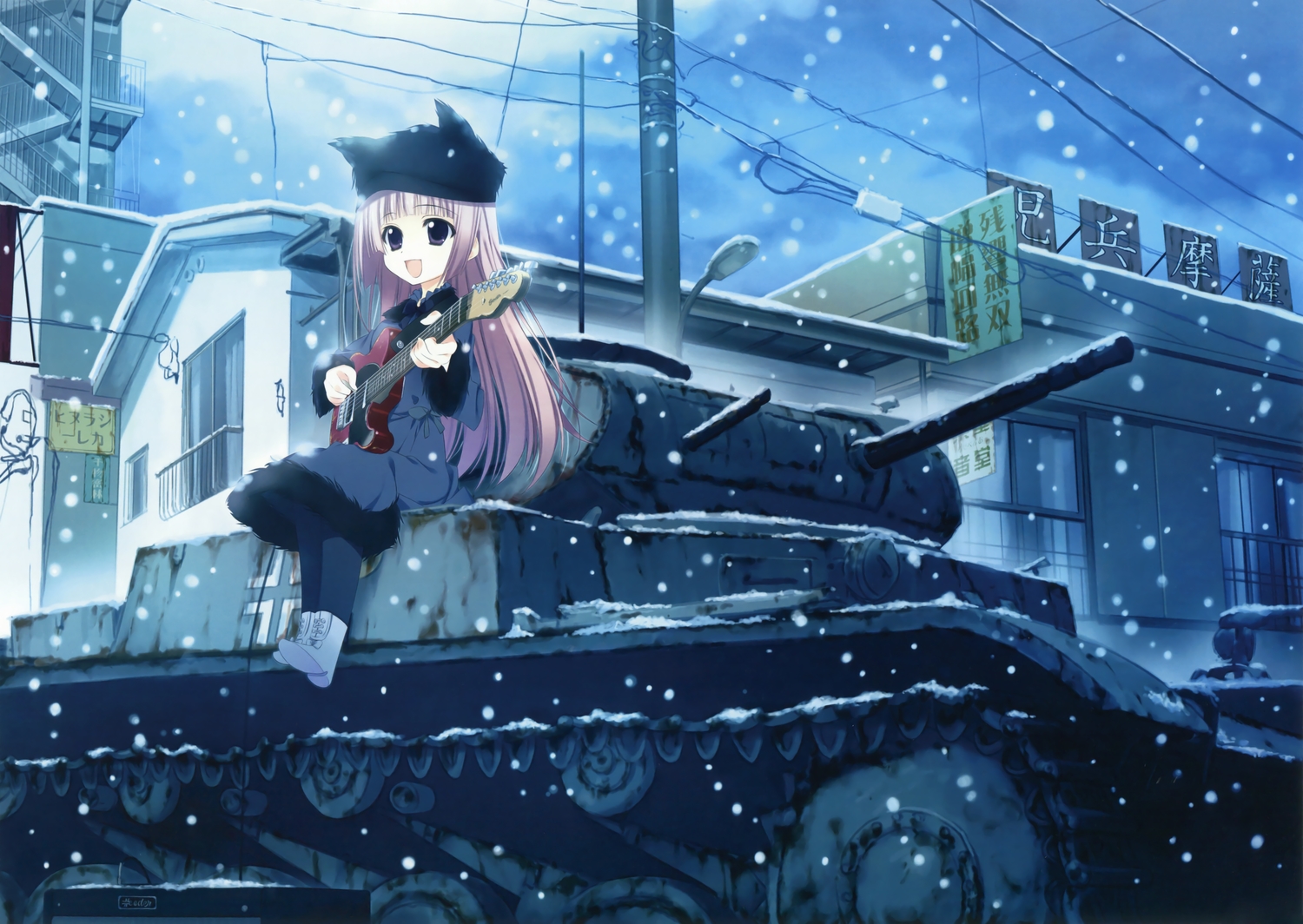 combat_vehicle, guitar, hat, instrument, long_hair, motoyon, pink_hair, purple_eyes, scan, snow, tagme
