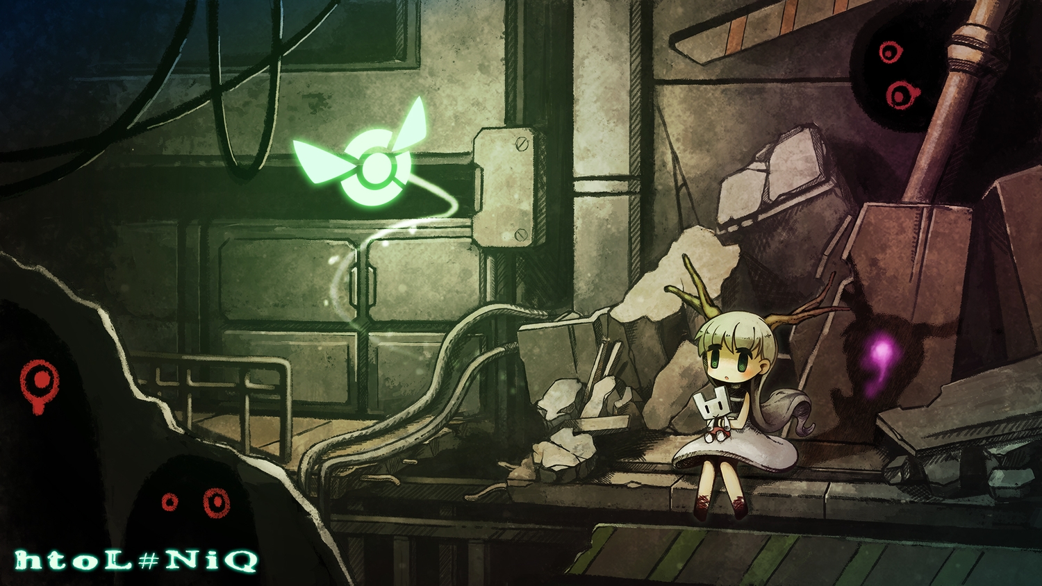 doll, green_eyes, horns, hotaru_no_nikki, logo, long_hair, mion_(hotaru_no_nikki), rapt_(47256), ruins, white_hair