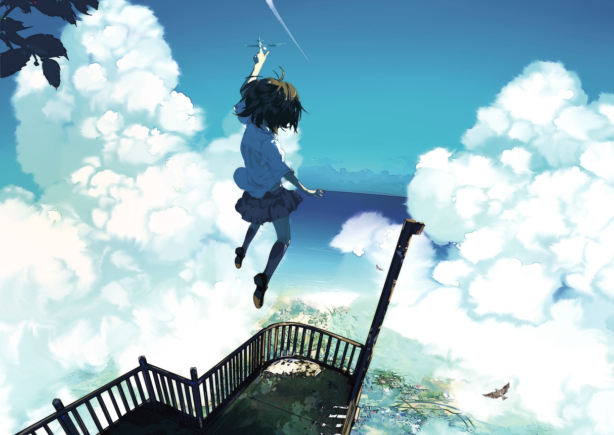 aircraft, animal, bird, clouds, original, school_uniform, sky, untan_(nanathy)