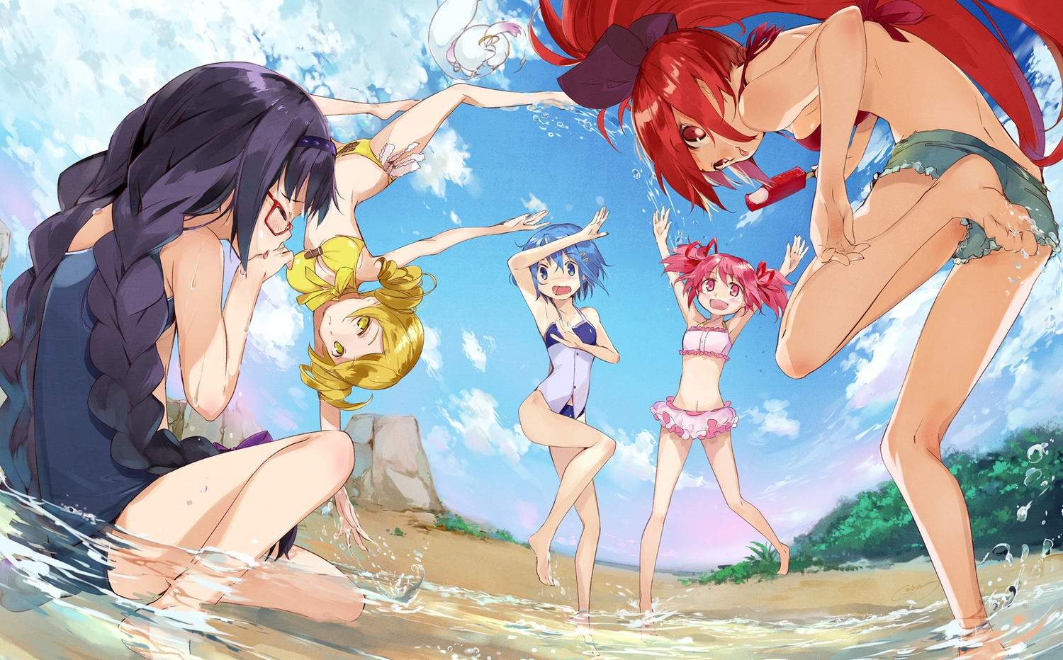 akemi_homura, bikini, food, glasses, g_yuusuke, ice_cream, kaname_madoka, mahou_shoujo_madoka_magica, miki_sayaka, sakura_kyouko, school_swimsuit, swimsuit, tomoe_mami