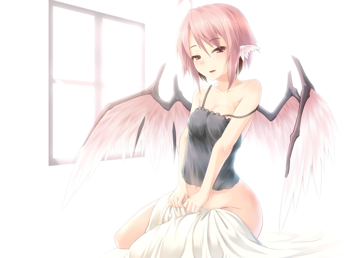 ayagi_daifuku, blush, breasts, cleavage, mystia_lorelei, pink_eyes, pink_hair, short_hair, touhou, white, wings