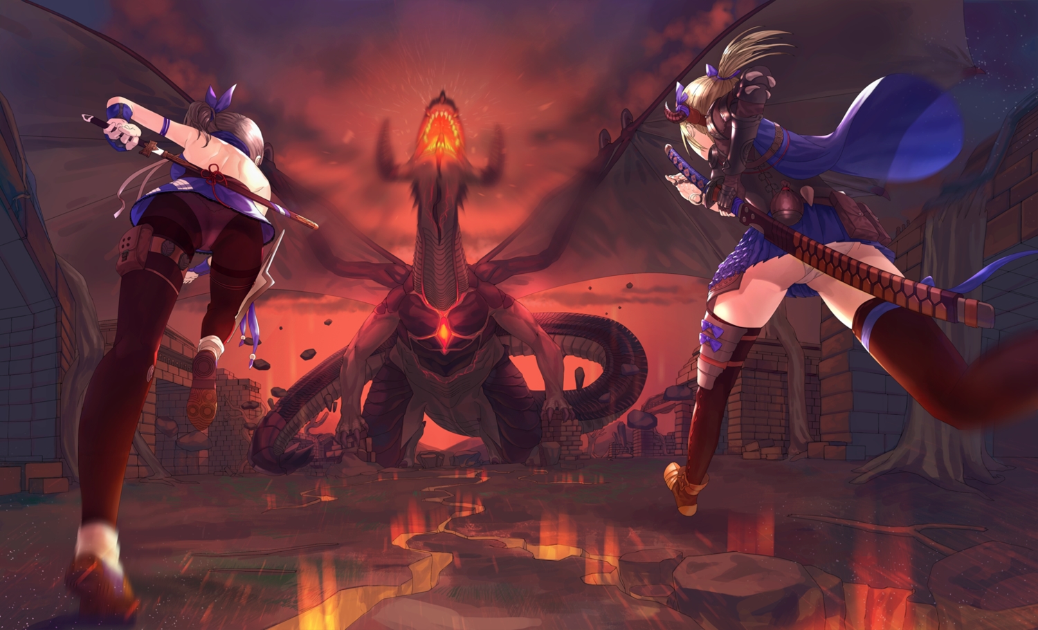 2girls, armor, brown_hair, dragon, horns, katana, kfr, original, panties, pantyhose, ponytail, skirt, sword, thighhighs, underwear, weapon