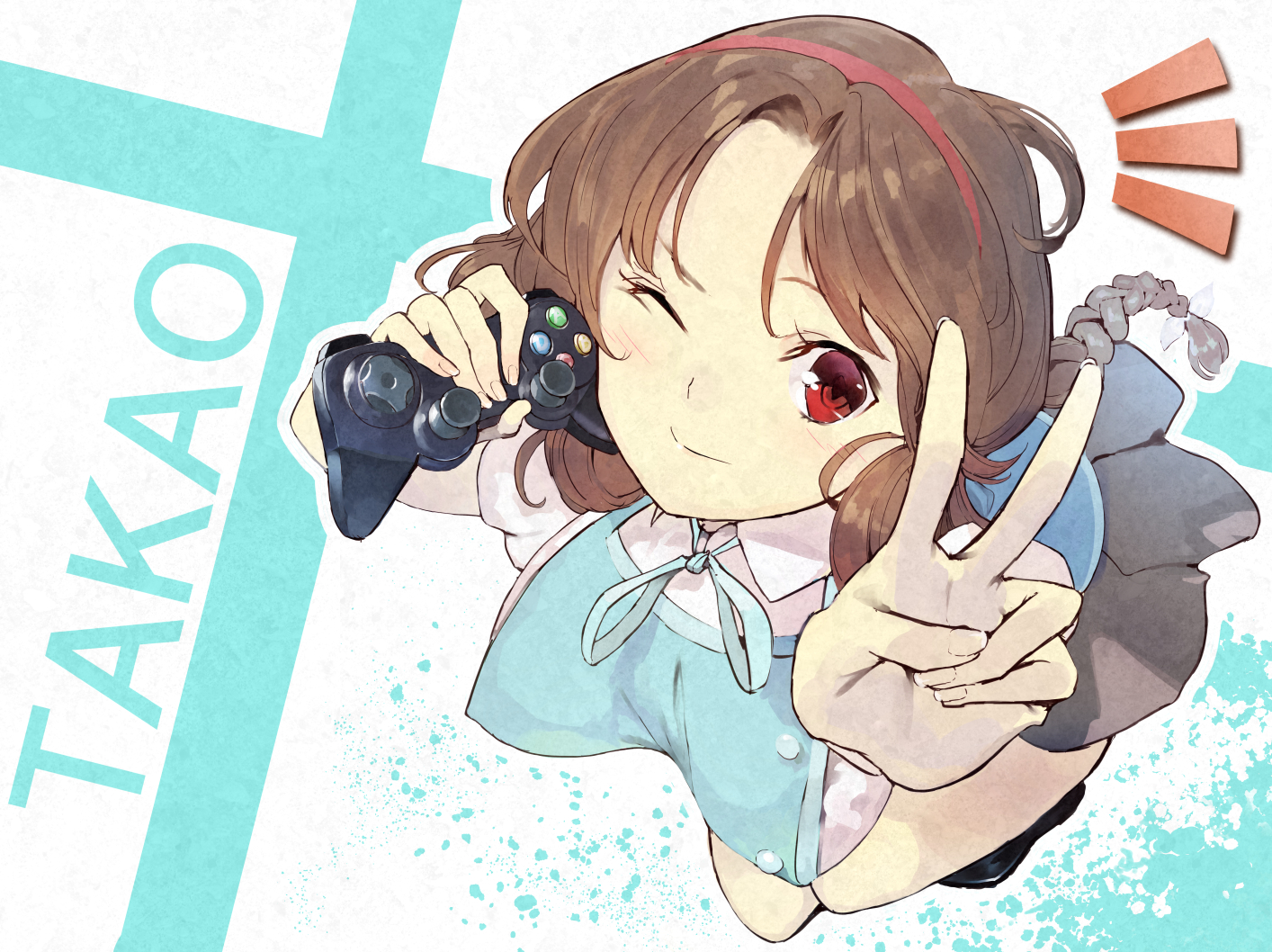 braids, brown_hair, d-fragments, itsutsuse, red_eyes, takao_buchou, wink