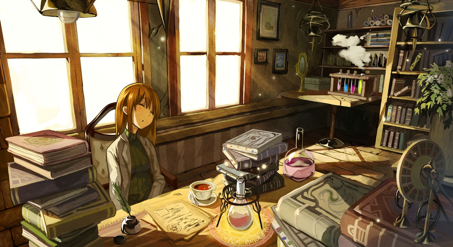 book, brown_hair, kagari_(garikagura), original, sleeping