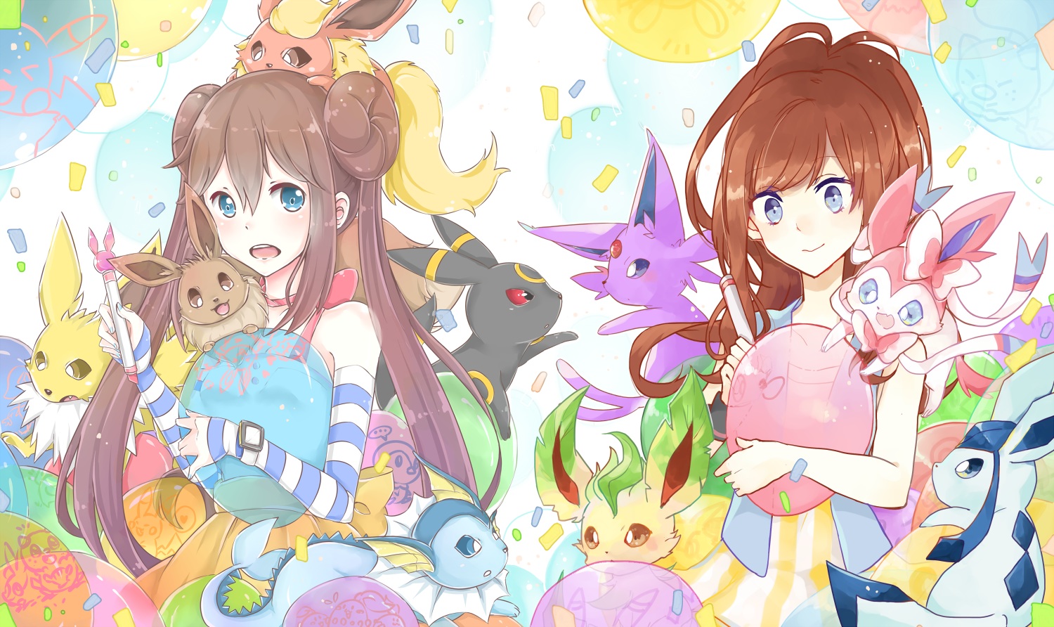 2girls, blue_eyes, brown_eyes, brown_hair, choker, eevee, elbow_gloves, espeon, flareon, glaceon, gloves, hsiao, jolteon, leafeon, long_hair, mei_(pokemon), mo_(k40633), pokemon, red_eyes, sylveon, touko_(pokemon), umbreon, vaporeon, wristwear