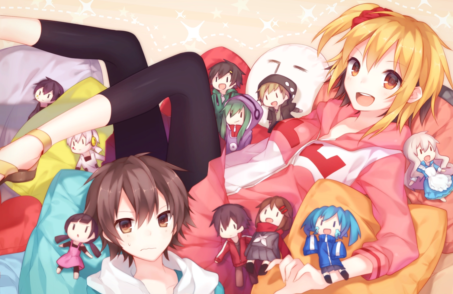 amamiya_hibiya, asahina_hiyori, black_hair, blonde_hair, blue_hair, brown_eyes, brown_hair, chibi