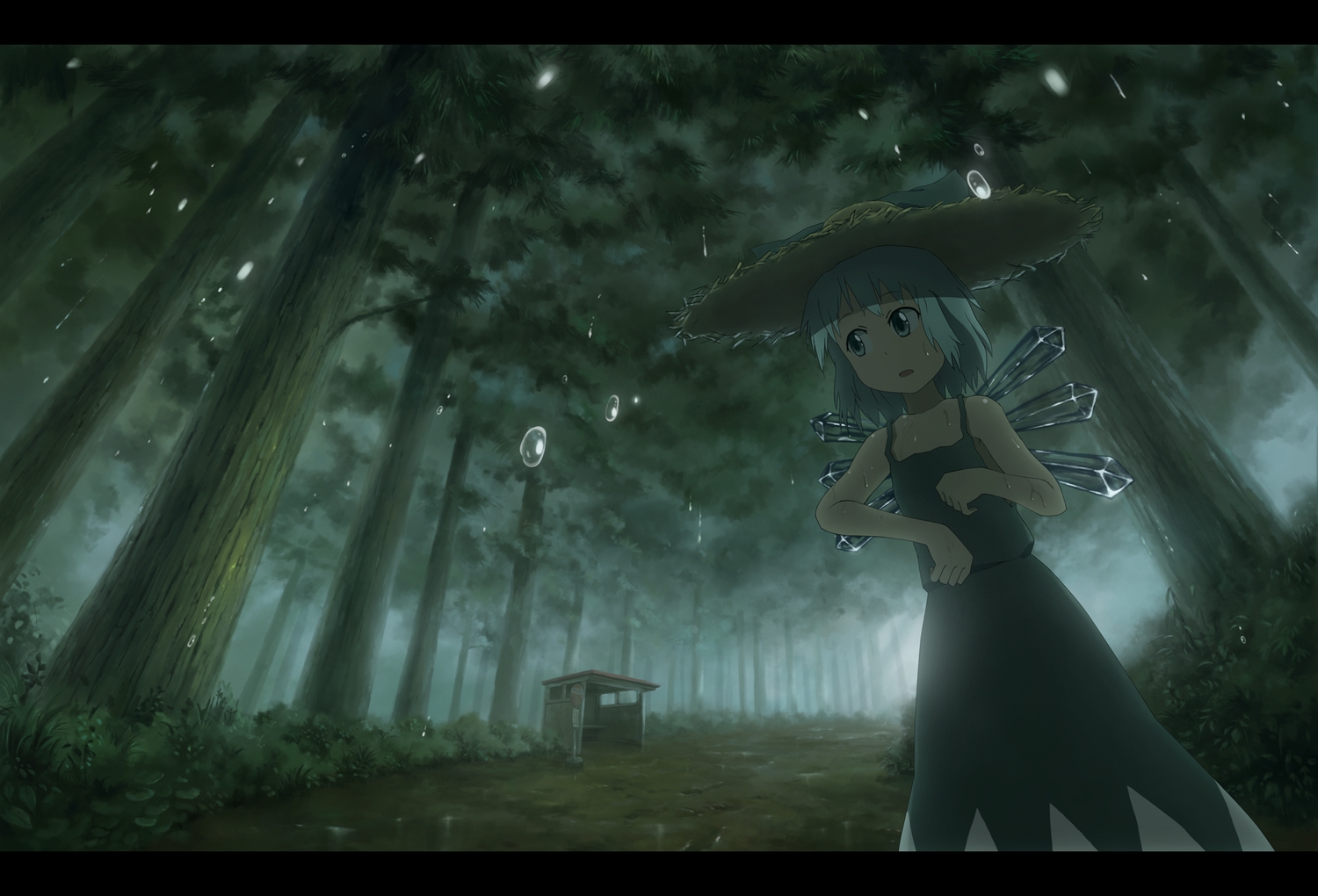 cirno, dress, fairy, forest, hat, rain, sasajqazwsx, touhou