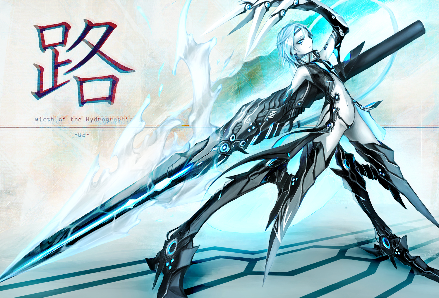 blue_eyes, navel, original, short_hair, spark621, weapon, white_hair