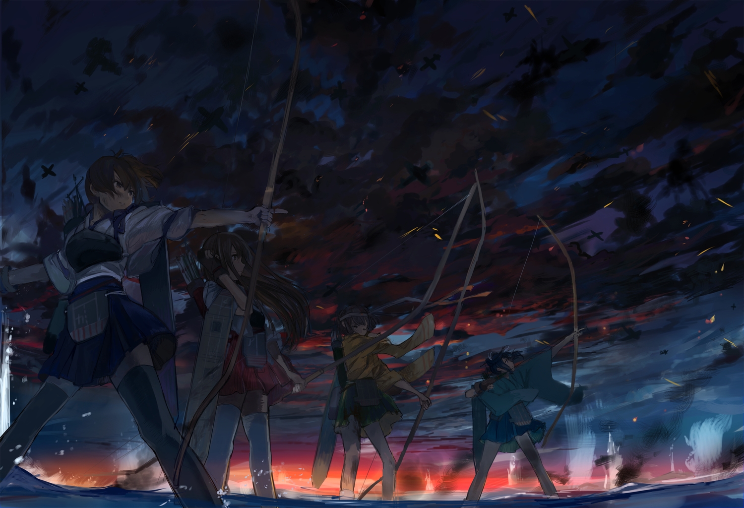 akagi_(kancolle), anthropomorphism, bow_(weapon), dark, group, hiryuu_(kancolle), kaga_(kancolle), kantai_collection, night, sky, souryuu_(kancolle), sunset, ume_(plumblossom), weapon