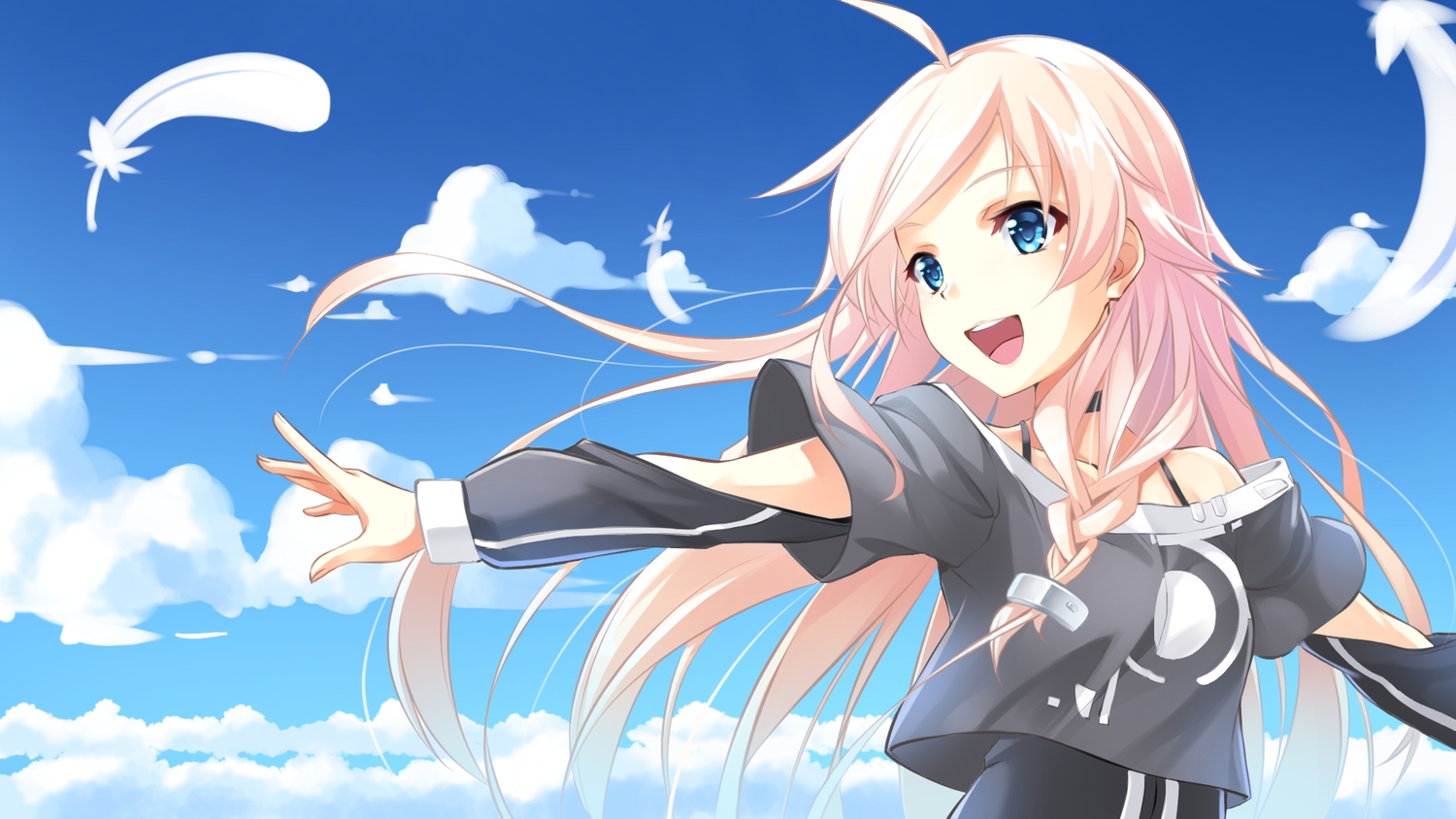 ame_no_uta, blonde_hair, blue_eyes, braids, clouds, feathers, ia, vocaloid