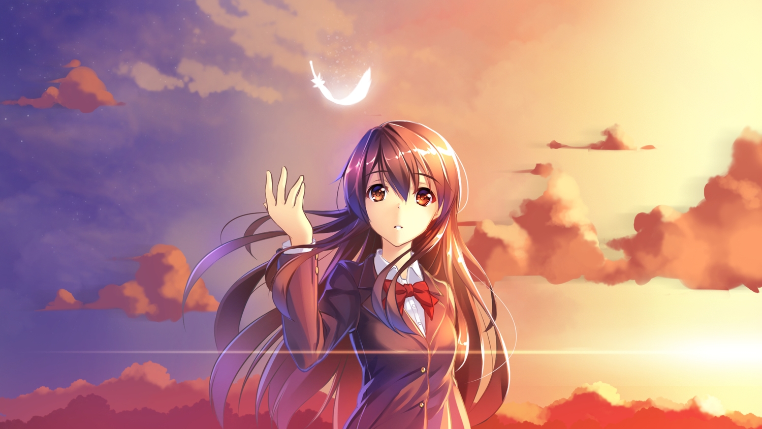 ame_no_uta, brown_eyes, brown_hair, clouds, feathers, nico_nico_singer, school_uniform, sky