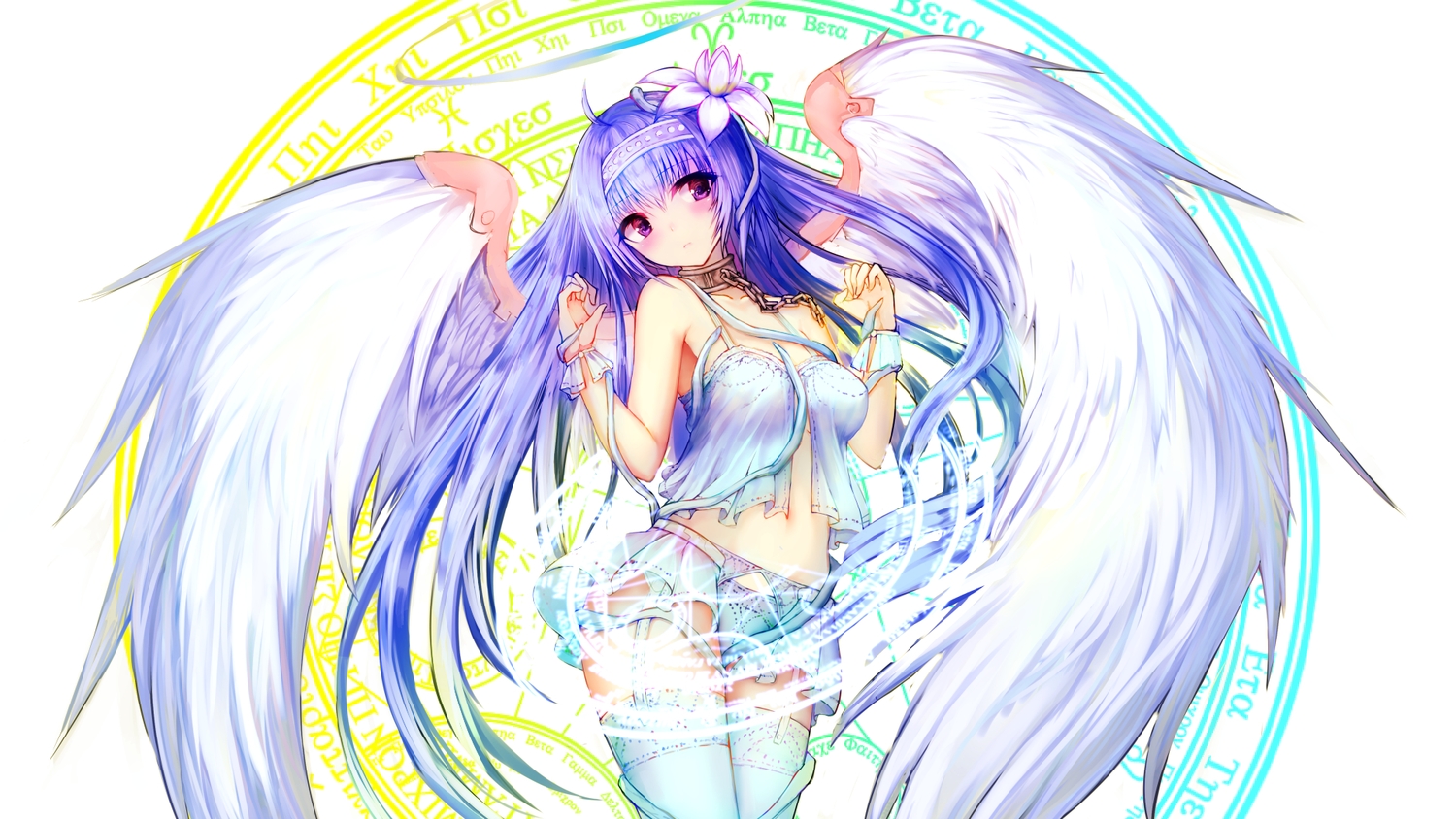 blue_hair, blush, chain, collar, garter, garter_belt, halo, haori_iori, long_hair, magic, navel, original, panties, purple_eyes, stockings, underwear, wings