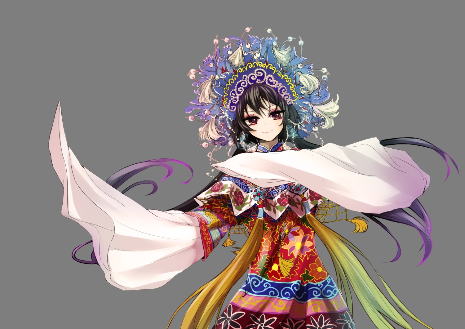 black_hair, chinese_clothes, headdress, long_hair, luo_tianyi, onceskylark, red_eyes, transparent, twintails, vocaloid, vsinger