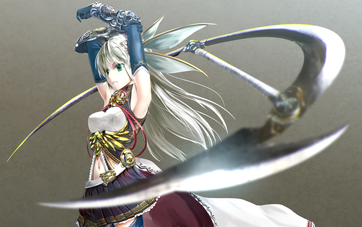 elbow_gloves, gloves, green_eyes, kouji_(astral_reverie), navel, original, skirt, weapon