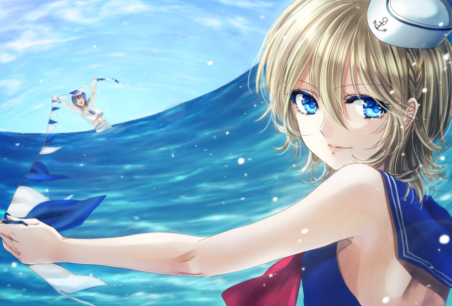 all_male, blonde_hair, blue_eyes, hat, male, original, shino_(syllable), uniform