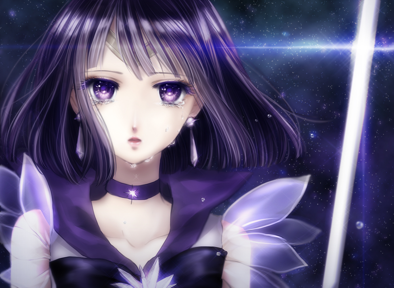choker, purple_eyes, purple_hair, sailor_moon, sailor_saturn, shino_(syllable), tears, tomoe_hotaru