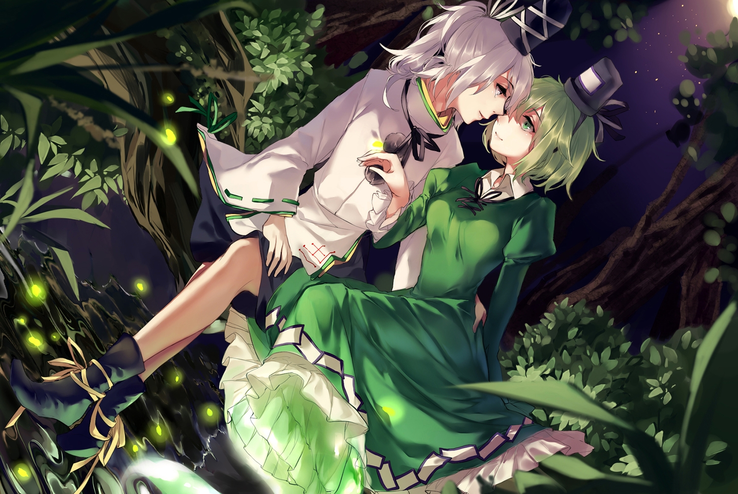 boots, dress, green_hair, hat, hug_(yourhug), mononobe_no_futo, shoujo_ai, soga_no_tojiko, touhou, tree, white_hair