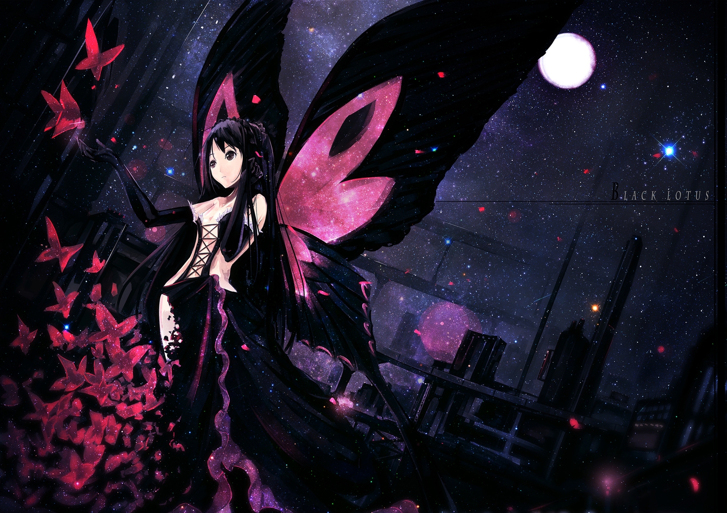 accel_world, black_eyes, black_hair, butterfly, dress, elbow_gloves, gloves, kuro_yuki_hime