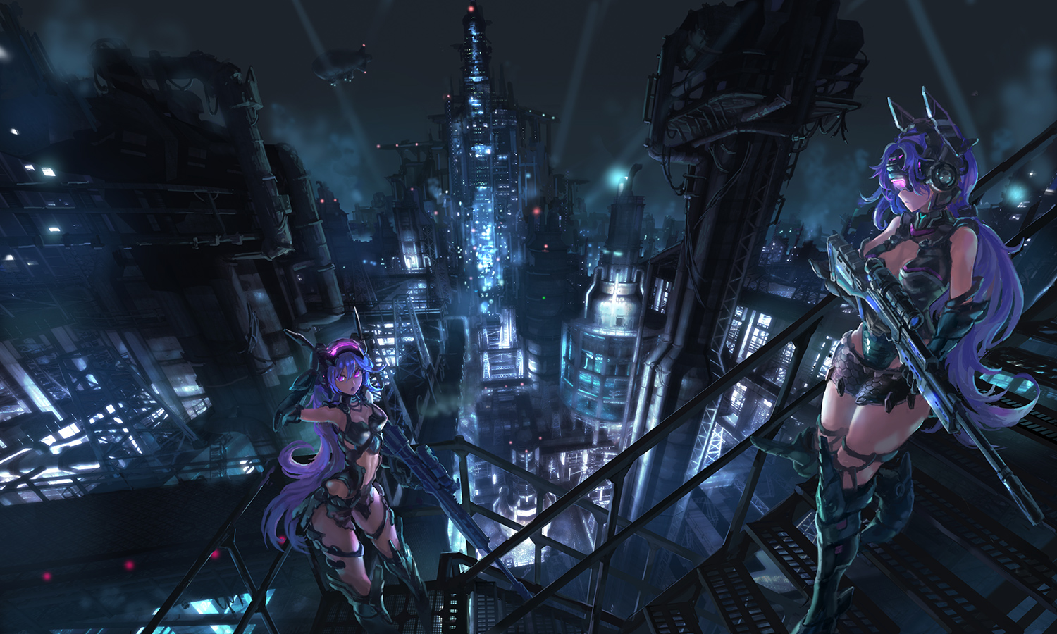 2girls, aircraft, armor, blue_hair, denki, goggles, gun, long_hair, night, original, pink_eyes, purple_hair, stairs, weapon