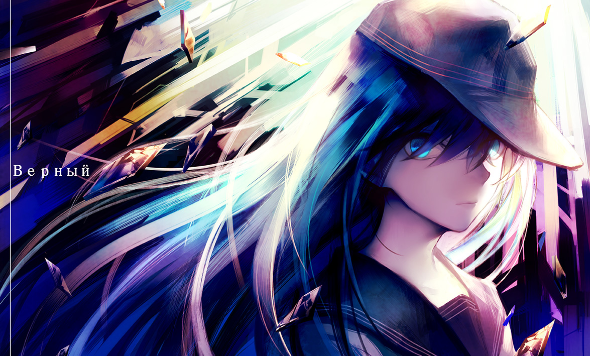aliasing, anthropomorphism, blue_eyes, blue_hair, hat, hibiki_(kancolle), kantai_collection, long_hair