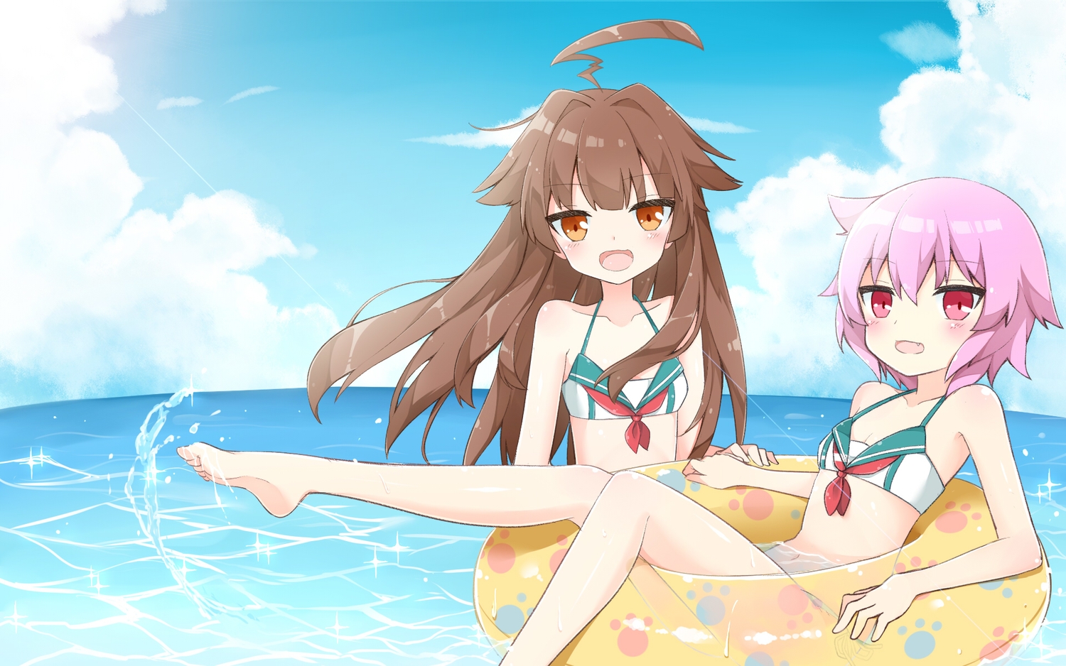 2girls, anthropomorphism, barefoot, bikini, brown_eyes, brown_hair, clouds, fang